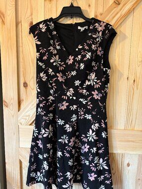 London Style Collection Petites Floral Dress 10P Black Pink Fit & Flare V-Neck